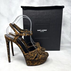 Saint Laurent Bianca Bow 105 Leopard Suede Platform Stiletto Sandal Heels Brown